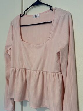 Electric Behaviour Light Pink Ribbed Peplum Long Sleeve Tunic